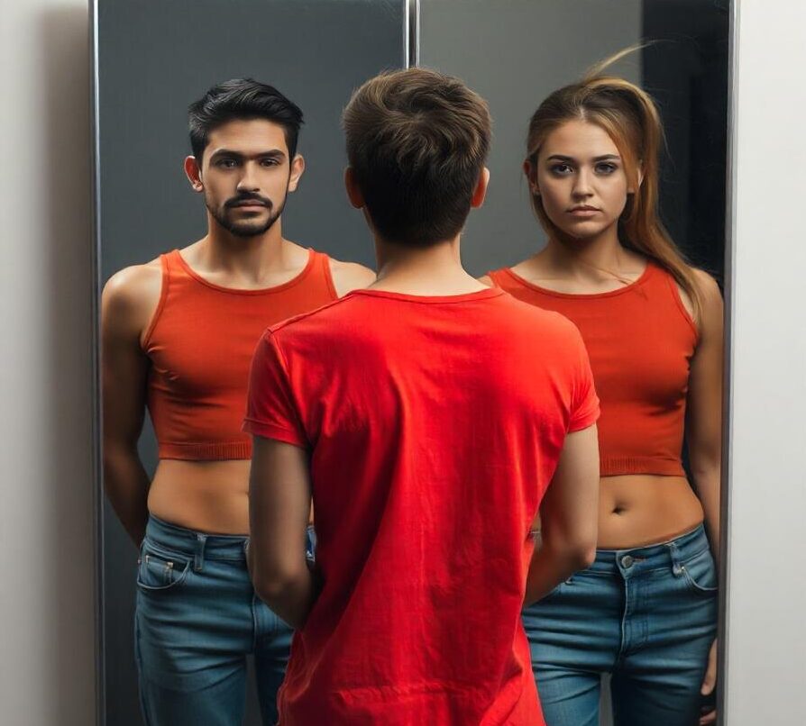 An individual standing in front of a mirror, with one reflection showing their true self and strength