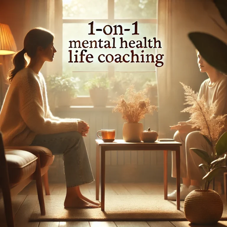 A calming and supportive coaching session in a cozy, well-lit room. A life coach attentively listens to a client, creating a warm and inviting atmosphere with soft lighting, plants, and a cup of tea on the table. The words '1-on-1 Mental Health Life Coaching' are displayed in a modern, soothing font.